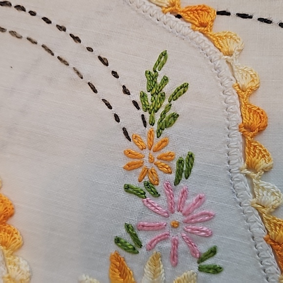 Hand Crafted Needlepoint Doily Circular Set-5 Botanical yellow floral farmhouse - Picture 10 of 17